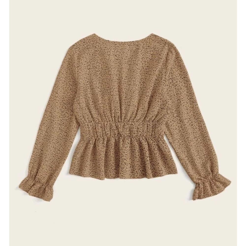 1X SHEIN Tan Brown Allover Print Long Sleeve Peplum Wrap V Neck Blouse Top Shirt - Picture 7 of 7